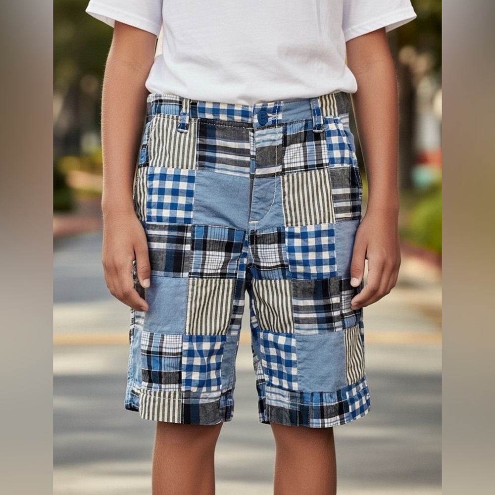 GAP Kids Boys Youth Blue BlackPatchwork Shorts Gingham Striped Preppy Dressy